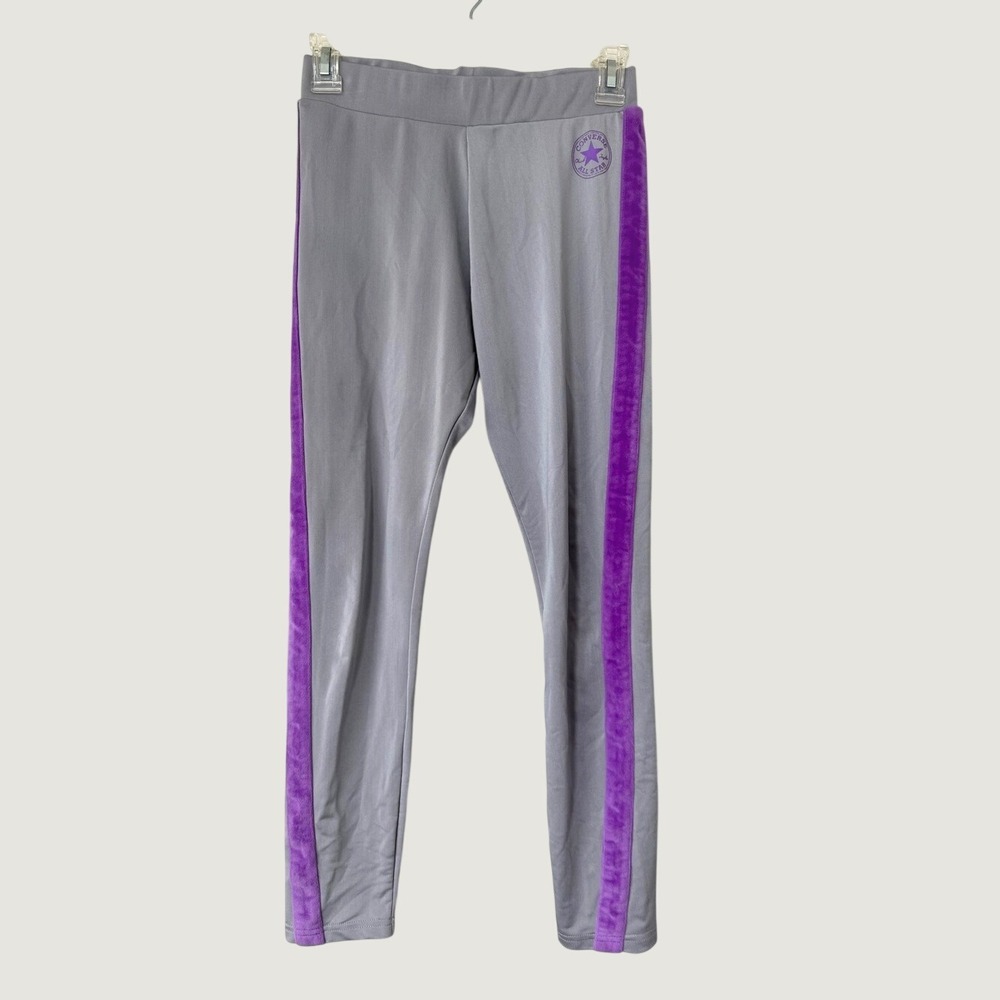 Converse Girls XL Grey Purple Velvet Side Stripe Athletic Leggings A089-G3A